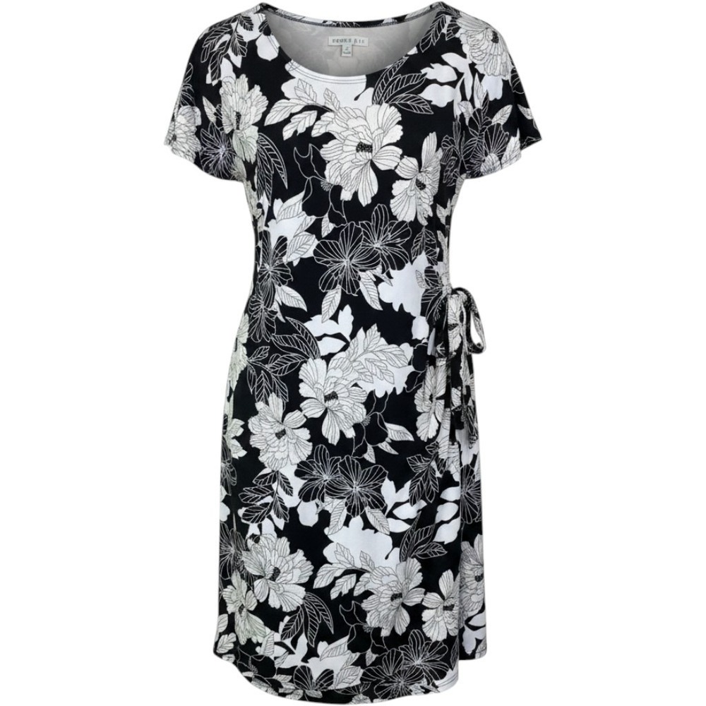 Robbie Bee Sheath Dress Womens 1X Black White Floral Gold Jersey Knit Side Tie